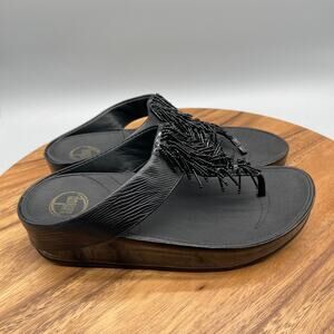 FitFlop Cha-Cha Sandals Womens Size 8 Black Beaded Thong Wedge Comfort Casual
